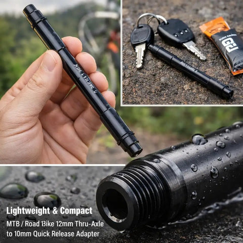 Hand holding 12mm To 9mm Thru Axle Quick Release Hub Skewer Adapter For Mountain And Road Bikes, Lightweight Aluminum Alloy Conversion