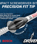 Driven Impact Screwdriving 45-Piece Set precision fit tip Bosch logo illustration focusing on deep fit in screw head.