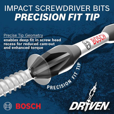 Driven Impact Screwdriving 45-Piece Set precision fit tip Bosch logo illustration focusing on deep fit in screw head.