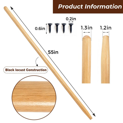 55 Inch Black Locust Shovel Handle Replacement Workhorse Hardwood Handle Built To Last For Shovel Rake Hoe Pitch Fork Digging Fork Broad Fork Garden Tools 1 Piece, showing dimensions and screw details.