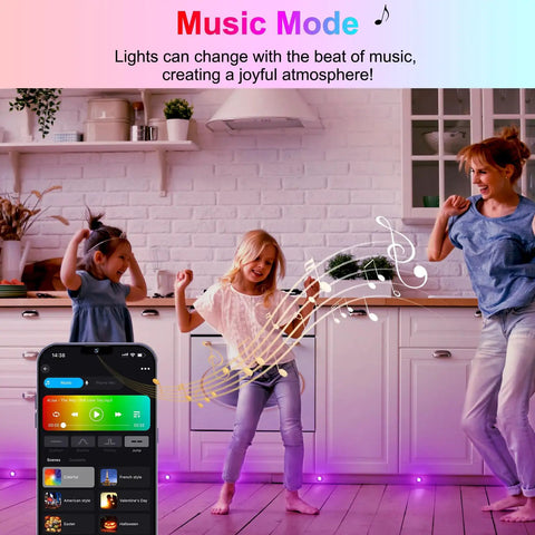 LED Deck Lights Kit 20 Pcs 1.22 Inch RGB Recessed Low Voltage Outdoor Deck And Stair Lights With WiFi App Control Waterproof For Path Yard And Landscape Decor Remote Enabled Dimmable Night Lighting highlighted by app control interface and dancing family.