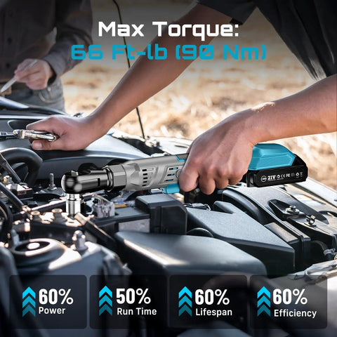 Person using Half Inch Cordless Electric Ratchet Wrench Pro Grade With 90 Nm Torque, 21V Max Brushless Motor on car engine