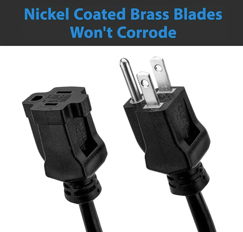 Workhorse 25 Foot Outdoor Extension Cord 3 prong plug with nickel coated brass blades and text 'Nickel Coated Brass Blades Won't Corrode'