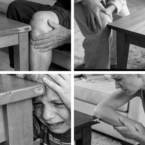 People injured from table edges, highlighting need for Three-Sided Wrap Table Corner Protectors, No-Drill PVC Self-Adhesive Guards.