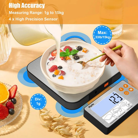 Pro Grade 33 Lb Digital Kitchen Scale With Split Display And Backlit LCD for Home Chefs weighing bowl of cereal