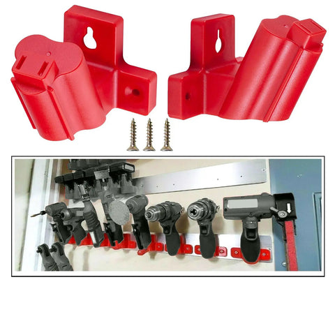 4 Pack Tool Holder Mounts For 12V Drills Wall Or Bench Storage Durable ABS Plastic Hanger Kit shown with mounted drills