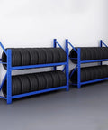 Badass Adjustable Tire Display Rack, Heavy Duty Double Deck Wheel Storage Cart with stacked tires in a blue finish on a wall.