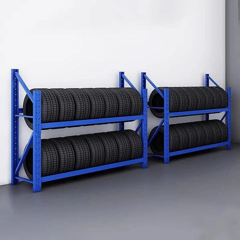 Badass Adjustable Tire Display Rack, Heavy Duty Double Deck Wheel Storage Cart with stacked tires in a blue finish on a wall.