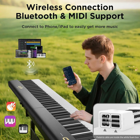 Man playing 88 Key Magnetic Split Piano Keyboard, Detachable Travel Electric Piano For Beginners in a field, using wireless connection.