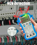 Go-To All-In-One 6000 Counts TRMS Digital Multimeter showing NCV detection feature against electrical panel background.