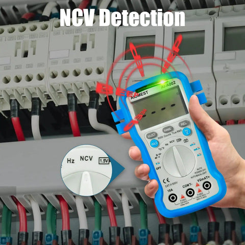 Go-To All-In-One 6000 Counts TRMS Digital Multimeter showing NCV detection feature against electrical panel background.