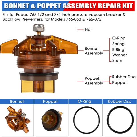 Bonnet And Poppet Assembly Repair Kit For DIY Friendly One Half To Three Quarters Inch Pressure Vacuum Breaker PVB