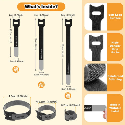 70 Pack Black Cable Ties With Writable Labels 4 6 8 Inch Assorted Sizes, showing dimensions and features of the ties.