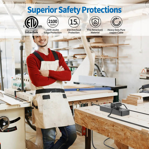 Man in workshop with Beefy 25 Ft Flat Plug Extension Cord With 8 Outlet Surge Protector And 4 USB Ports Including 2 USB C.