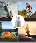 2L Stainless Steel Travel Cup With Handle Wide Mouth Water Bottle For Hiking Fishing And Outdoor Sports shown with outdoor activities