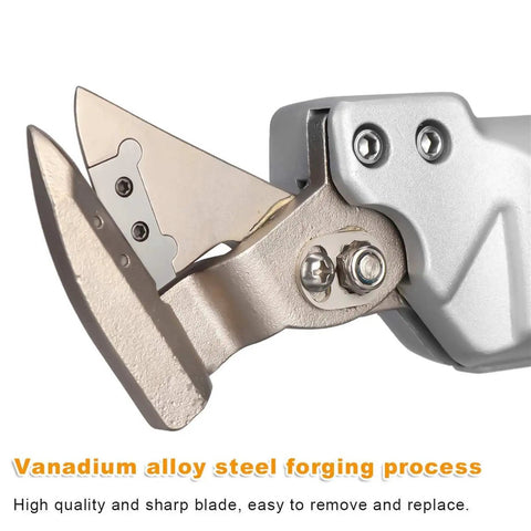 Close-up of the blade detail on Cordless 21V Electric Sheet Metal Shears With Rotating Head 2 Speed Trigger LED Light.