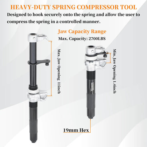Heavy Duty Coil Spring Compressor Tool For MacPherson Struts with 11 inch jaw capacity showing design and 19mm hex