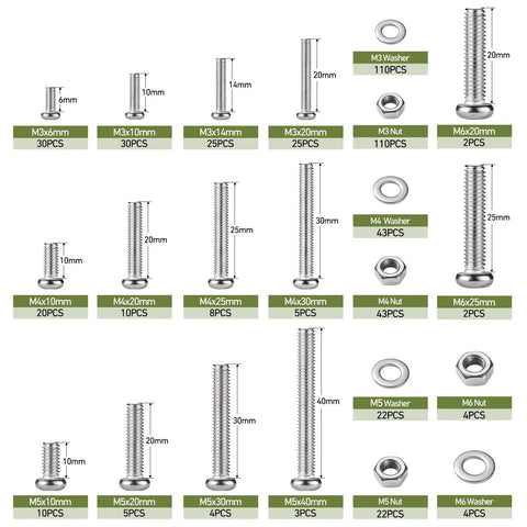 537Pcs Metric Bolts Nuts And Washers Kit M3 M4 M5 M6 Stainless Steel layout with screws and components labeled.