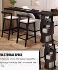 Top Shelf Solid Wood Bar Table With Hidden Storage And Counter Height Pub Style For No Sweat Assembly in black wood with two stools.