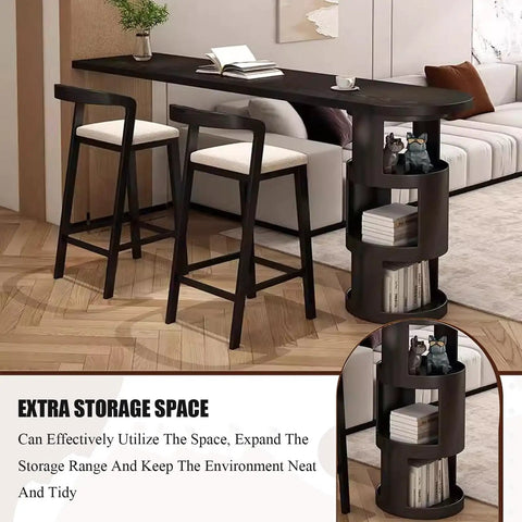 Top Shelf Solid Wood Bar Table With Hidden Storage And Counter Height Pub Style For No Sweat Assembly in black wood with two stools.