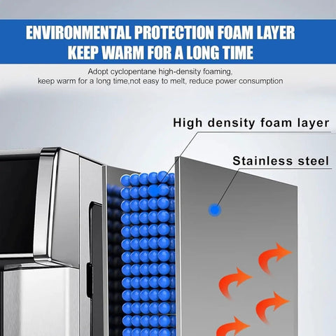 Heavy Duty Countertop Ice Maker With Two In One Cold Water Dispenser And Quick Chill Tech showing stainless steel and high density foam details.