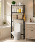Solid As A Rock Three Tier Over Toilet Storage Cabinet With Removable Paper Holder And Four Grip Hooks Metal Bathroom Organizer Shelf For Laundry Balcony Or Living Room Setup Black in a bathroom setting with towels and toiletries.