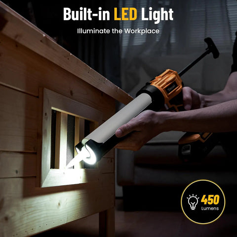 Person using Cordless Caulking Gun With Two 2000mAh Batteries 4 Adjustable Speeds LED Light 10oz Cartridge Gun on wooden vent