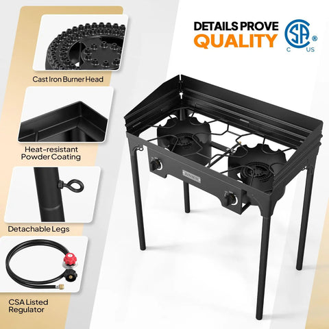 Go To Two Burner Outdoor Camp Stove With Wind Panel And 150000 BTU Propane Burner featuring cast iron burner head