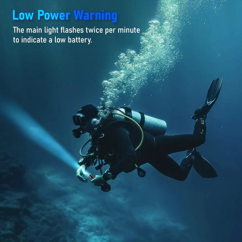Scuba diver using Scuba Diving Flashlight 3200 Lumen Long Throw Underwater Light 472 Meters Focus Beam Waterproof in ocean depths.