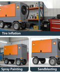 Heavy Duty Rotary Screw Air Compressor With 100L Or 500L Tank And Integrated Air Dryer For Continuous Factory Pneumatic Output displayed for tire inflation, spray painting, and sandblasting.