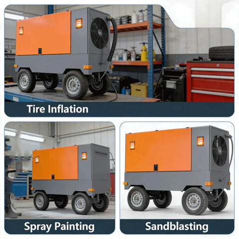 Heavy Duty Rotary Screw Air Compressor With 100L Or 500L Tank And Integrated Air Dryer For Continuous Factory Pneumatic Output displayed for tire inflation, spray painting, and sandblasting.