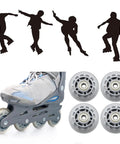 Silhouettes of skaters and inline skate with 64mm Inline Skate Wheels With ABEC7 Bearings And 82A Polyurethane Clear Replacement Wheels For Skates Office Chairs And Luggage Ride Smooth And Durable 4 Pack