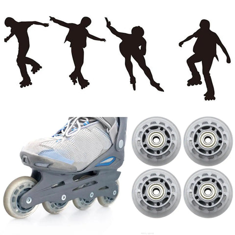 Silhouettes of skaters and inline skate with 64mm Inline Skate Wheels With ABEC7 Bearings And 82A Polyurethane Clear Replacement Wheels For Skates Office Chairs And Luggage Ride Smooth And Durable 4 Pack