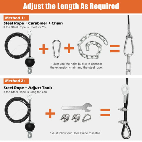 Dual Weight Pulley System Kit For Home Gym Cable Pulley Attachments installation methods with tools and chain.