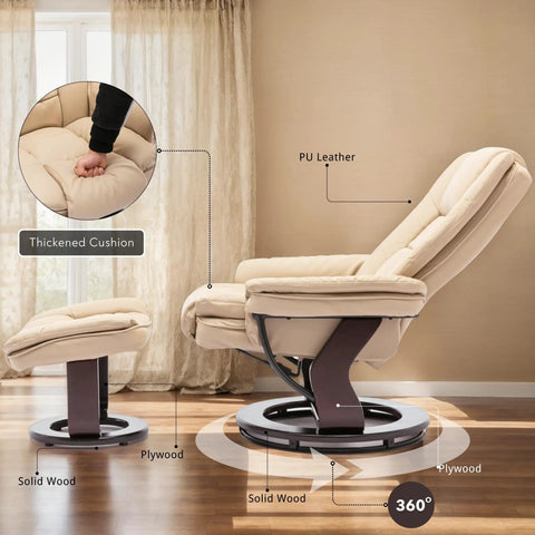 Swivel Recliner With Ottoman And Wood Base In PU Leather Ultra Plush Double Foam For Cozy Comfort Footrest 360 Degree Swivel