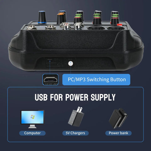 4 Channel DJ Mixer With Bluetooth And USB MP3 Player, XLR And One Quarter Inch Inputs, 48V Phantom Power, USB power