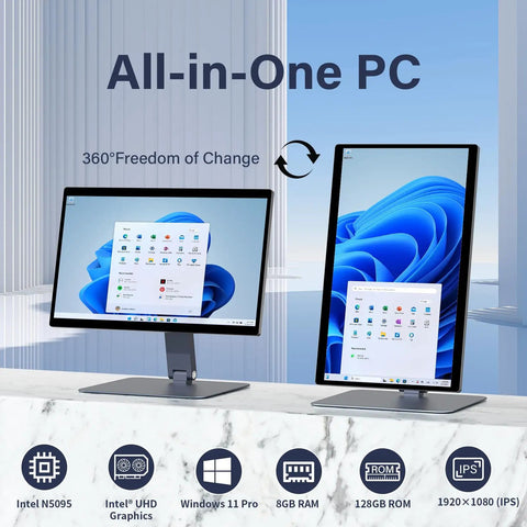 Sleek 15.6 Inch All In One Touchscreen Desktop PC with FHD Display and Win 11 Pro showing dual orientations in a modern setting.