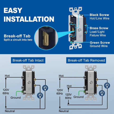 Double Paddle Rocker Decorator Light Switch For Single Pole Wiring Dual Self Grounding On Off Interrupter 15 Amp In Wall Switches UL Listed 10 Pack White wiring diagram with break-off tab
