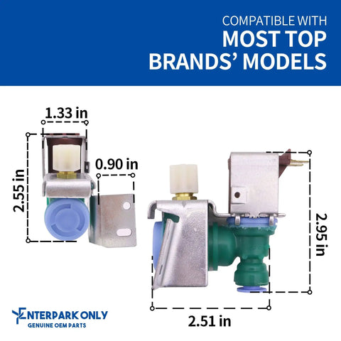 Dimensions of Refrigerator Water Inlet Valve Replacement For Whirlpool W10238100 W10498990, OEM Robertshaw Part shown