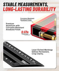 Close-up of Essential Top Shelf Adjustable Stair Tread Template Tool showing premium aluminum, corrosion-resistant finish, and laser-etched markings.