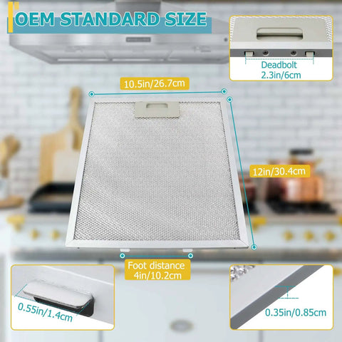 Three Pack 12 X 10.5 X 0.35 Inch Aluminum Mesh Range Hood Filter Replacement, Standard Size, close-up with dimensions shown