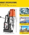 Professional Portable Mag Drill Heavy Hitter With 1450W Copper Motor, 11.5 in height, ideal for bridge engineering and hull construction.