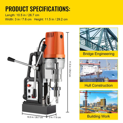 Professional Portable Mag Drill Heavy Hitter With 1450W Copper Motor, 11.5 in height, ideal for bridge engineering and hull construction.