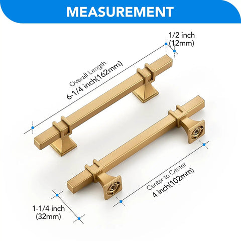 Heavy Duty Gold Cabinet Pulls And Drawer Handles Offering A Slick Upgrade For Kitchens And Baths Durable Stainless Steel And Zinc Alloy Base Plus Four Inch Center Spacing Anti Tarnish Coating Makes This Five Pack A Top Shelf Home Renovation Essential, featuring 6-1/4 inch length measurements.