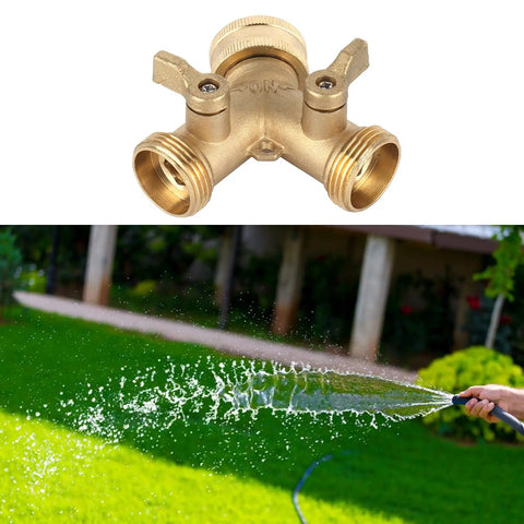 Solid Brass Y Shape Garden Hose Splitter With Leakproof Shut Off Valve For Effortless 2 Way Water Control And Easy Repair Kit Installation On Any Standard Hose, brass, dual outlet