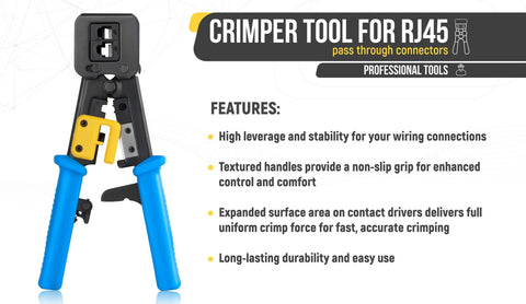 RJ45 Crimp Tool Kit With 50 Cat6 Pass Through Connectors And 50 Strain Relief Boots Plus Extra Blades EZ Cut Strip Crimp Ethernet