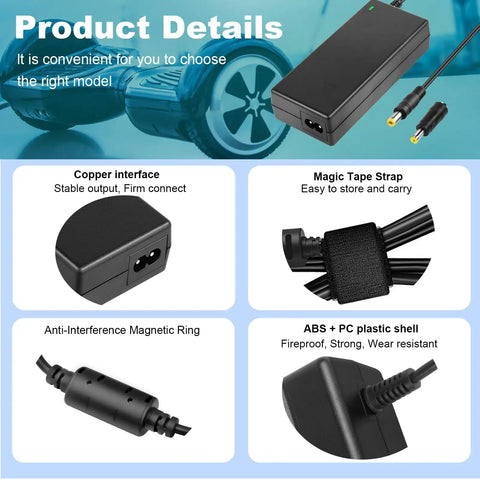 Fast 42V 2A Electric Scooter Charger For 36V 10S Lithium Ion Batteries With 5.5mm x 2.5mm Plug, Quick Charge Adapter Compatible With S2 Pro, S2 Lite, Gotrax GXL V2, G2, G3, G4, Apex, Glider, XR Elite, XR Ultra