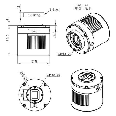 Technical diagram of Cooled Color Astronomy Camera For Dope Deep Sky Imaging With 20.18 MP CMOS Sensor And USB 3.0, dimensions included
