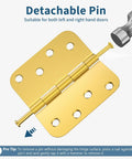 Three Pack Four Inch Exterior Door Hinges Brushed Gold With Five Eighths Inch Radius Corners Removable Pin Heavy Duty