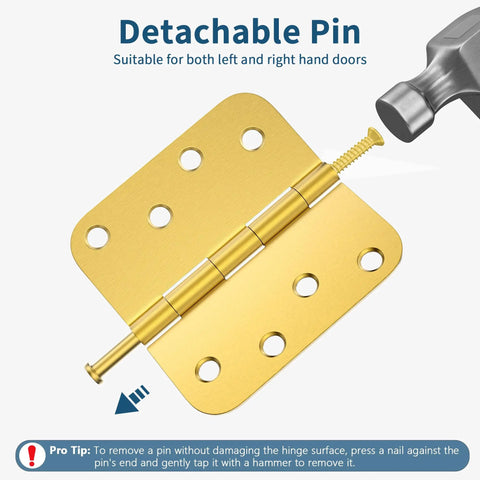 Three Pack Four Inch Exterior Door Hinges Brushed Gold With Five Eighths Inch Radius Corners Removable Pin Heavy Duty